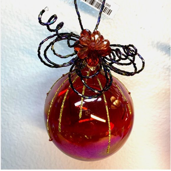 Vintage Christmas Glass Ornaments Red Teardrop Round W Beads Decor Set of 2 NWT - Picture 5 of 15